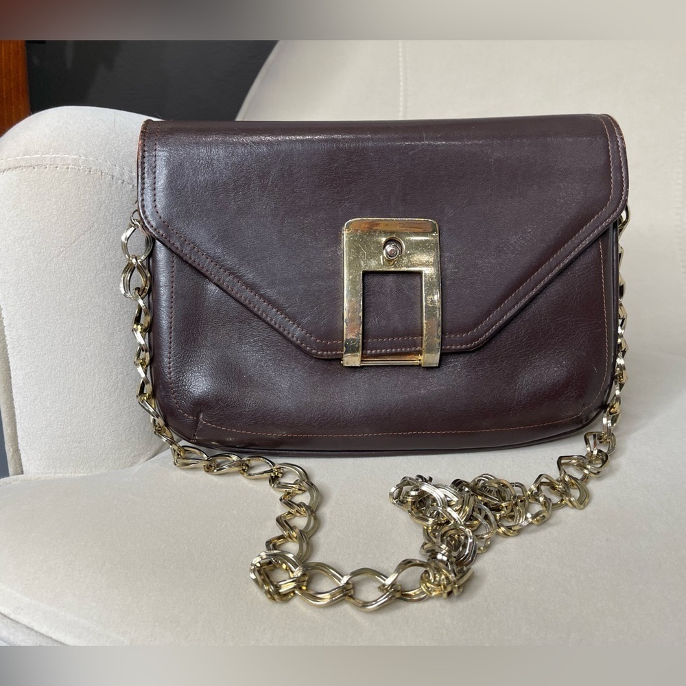 Vintage Purse Clutch Bag Bown Leather Gold Chain Accent Unique Closure